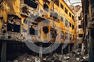 Abandoned industrial ruins with weathered construction elements. Decay background with old factory debris.