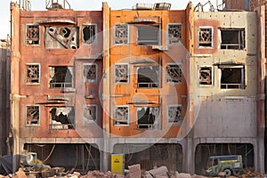 Abandoned industrial ruins with weathered construction elements. Decay background with old factory debris.