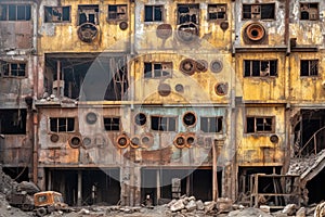 Abandoned industrial ruins with weathered construction elements. Decay background with old factory debris.