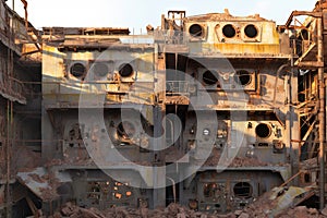 Abandoned industrial ruins with weathered construction elements. Decay background with old factory debris.