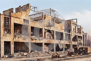 Abandoned industrial ruins with weathered construction elements. Decay background with old factory debris.