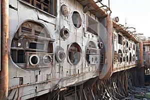 Abandoned industrial ruins with weathered construction elements. Decay background with old factory debris.