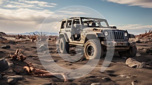 Abandoned Jeep On Desolate Road: Volumetric Lighting And Professional Photography