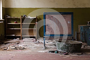 Abandoned kindergarten in destroyed village of Kopachi 10-kilometer Chernobyl exclusion zone, Ukraine