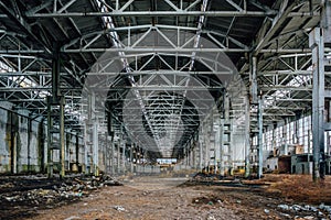 Abandoned large industrial hall with garbage. Voronezh excavator manufacturing factory