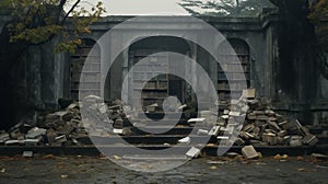 Misty Atmosphere: A Crumbled Pile Of Books In Front Of A Creepy Building photo