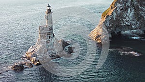 The abandoned lighthouse Aniva in the Sakhalin Island,Russia. Aerial View