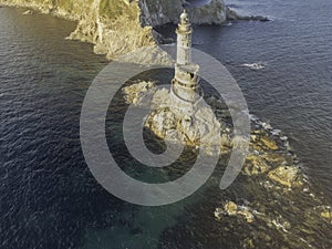 The abandoned lighthouse Aniva in the Sakhalin Island,Russia. Aerial View