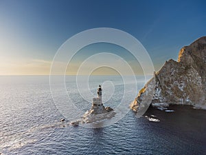 The abandoned lighthouse Aniva in the Sakhalin Island,Russia. Aerial View