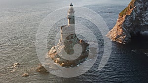 The abandoned lighthouse Aniva in the Sakhalin Island,Russia. Aerial View