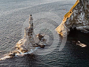 The abandoned lighthouse Aniva in the Sakhalin Island,Russia. Aerial View