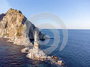 The abandoned lighthouse Aniva in the Sakhalin Island,Russia. Aerial View