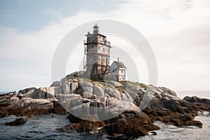 an abandoned lighthouse, perched on the rocky shore of a desolate island