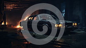 Abandoned Limo In Burned Warehouse - Close Up Dark Cinematic Scene