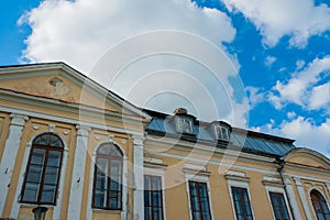 Abandoned mansion. Holy Palace Volovichi, castle in Svyatskoye. a beautiful old architectural structure, a stone or marble