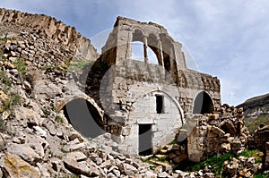 Abandoned medieval greek house with floral ornament,Cappadocia