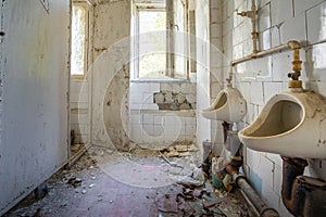 Abandoned Mens Toilet with Urinals at Duga Radar Control Center - Chernobyl Exclusion Zone, Ukraine