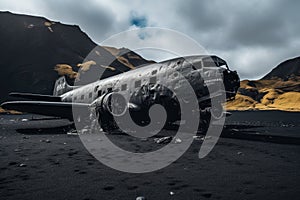 Abandoned military airplane in the desert. 3D Rendering, An abandoned airplane rests solemnly on a desolate black sand beach, AI