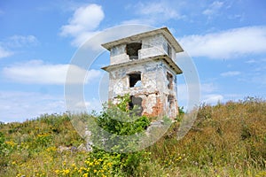 Abandoned military building, destroyed observation deck at the site