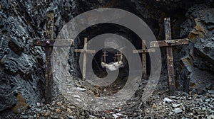 An abandoned mine its entrance adorned with eerie wooden crosses a reminder of the lives lost in the pursuit of elusive