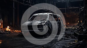 Abandoned Minivan In Burned Warehouse: Cinematic Close-up Dark Scene