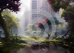 Abandoned modern city overgrown with forest trees, apocalyptic fantasy concept art.