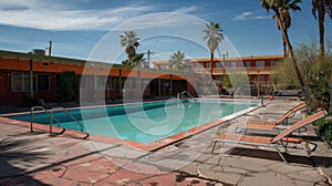 Abandoned motel with empty swimming pool and vintage architecture