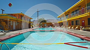 Abandoned motel with empty swimming pool and vintage architecture