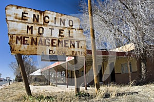 Abandoned motel in Encino, NM with mispelling on signage.