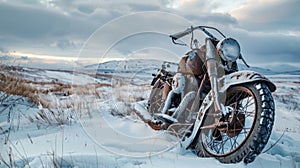 An abandoned motorcycle stands out against the snowy landscape a symbol of a bygone era