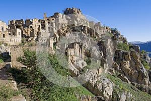 Abandoned mountain village of Gamsutl on a September morning. Republic of Dagestan