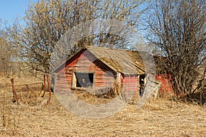 Abandoned old barn or shed in dry grass