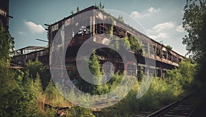 Abandoned old factory, ruined by nature destruction generated by AI