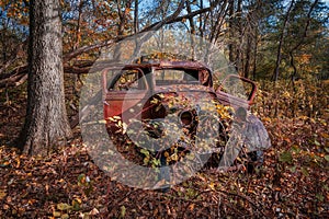 Abandoned old farm truck in the autumn woods