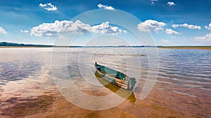 Abandoned old fishing boat on Svityaz lake.