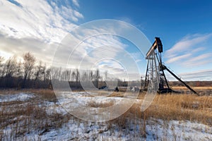 Abandoned old oil drilling well in the steppes. Generative AI