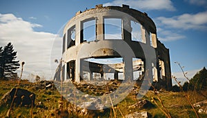 Abandoned old ruin, nature destruction, rusty building exterior, weathered wall generated by AI