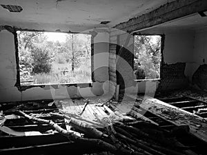 Abandoned old ruined house, a Ghost black-and-white photo