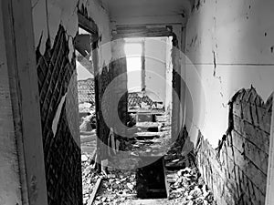 Abandoned old ruined house, a Ghost black-and-white photo