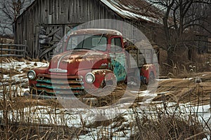 Abandoned old rusty car on the background of a wooden house. Ai generated