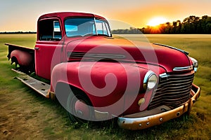 Abandoned Old Rusty Red Truck in a Field Generative AI