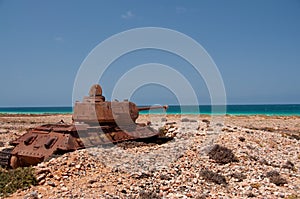 Abandoned old rusty tank on the shore of the island. Socotra. Yemen.