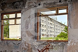 abandoned old soviet union city Irbene, ruined houses