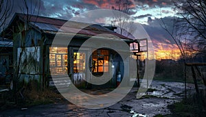 Abandoned old workshop, dirty and damaged, illuminated by dusk