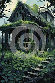 abandoned, overgrown house with a mysterious aura