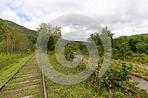 Abandoned, overgrown railroad train tracks along a rural river repurposed as trails for rail bikes in the Catskill Mountains of Ne