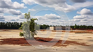 Abandoned parking lot overrun with weeds