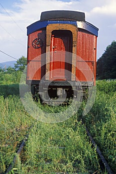 Abandoned passenger car on tracks overgrown with weeds and grass, Mount Pleasant, New York