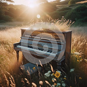 Abandoned piano sits in the open flower filled meadow