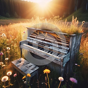 Abandoned piano sits in the open flower filled meadow